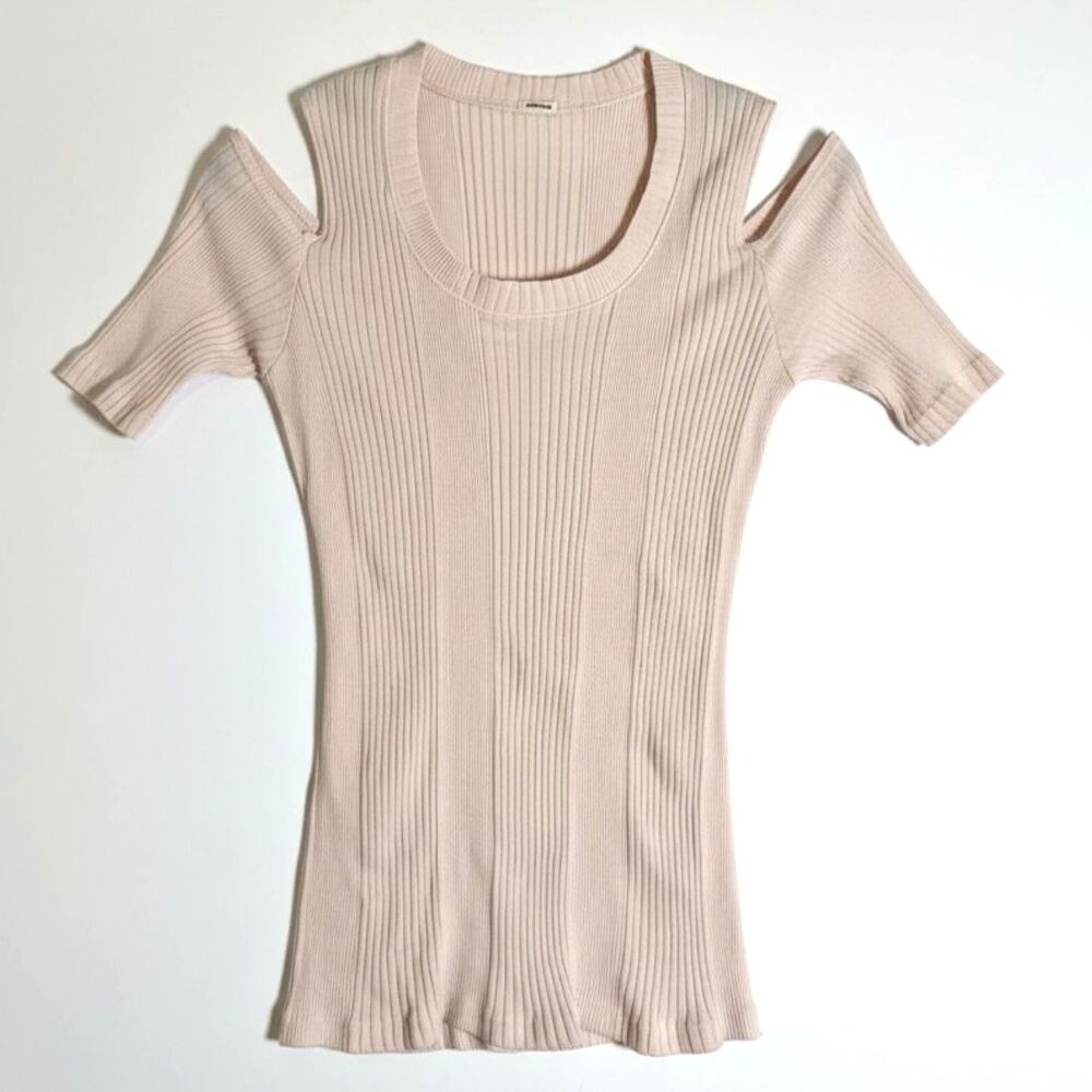 Monrow Ribbed Cold Shoulder Fitted Top Blush Pink 100% Cotton Medium Made in USA